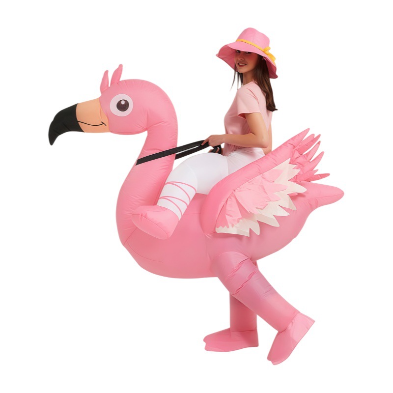 Cosplay Prop - ピンクのフラミンゴの着ぐるみ、膨らませて着るコスチューム、漫画風の動物モチーフ、ハロウィンパーティーやコスプレに最適、面白いパフォーマンス用小道具。